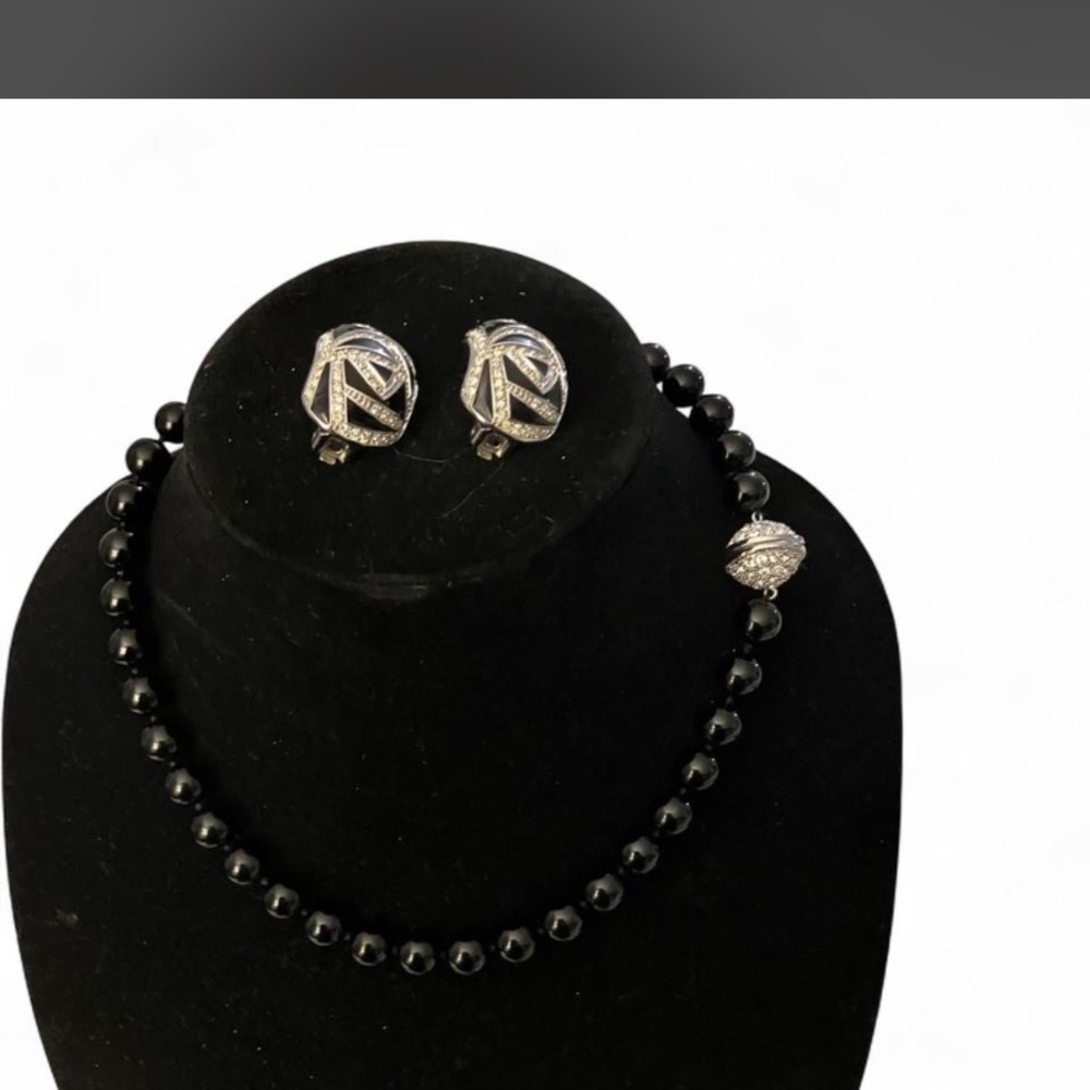 Old money Dior Vintage Black N Diamond Accents Clip Earrings.Onyx Necklace set! - Picture 3 of 15